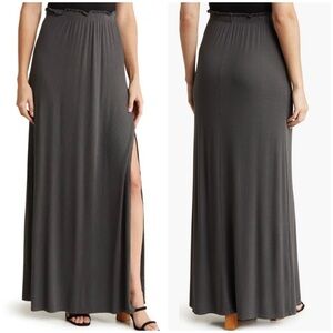 Go Couture Women Dark Charcoal Maxi Skirt Size S Elastic Waist Casual with Slit